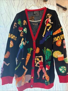Vintage Berek Black Knit Cardigan Sweater with Bold Multicolor Athletic Motifs
